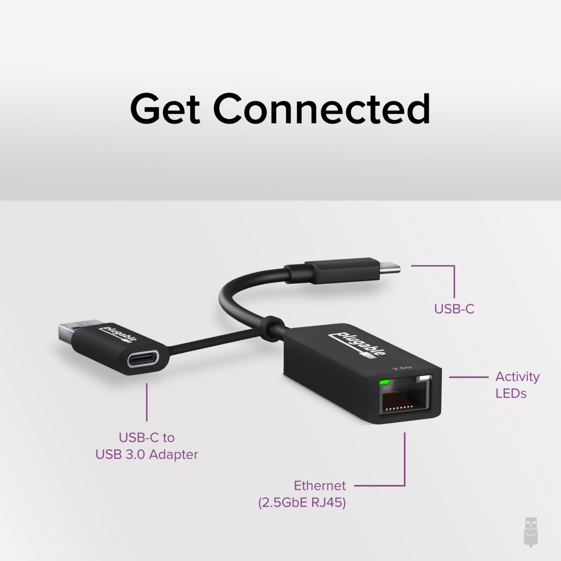 Thumbnail 2 of 8 for Plugable 2.5G USB-C and USB to Ethernet Adapter - Dual-Connector 2-in-1 USB-C to RJ45 2.5Gbps LAN