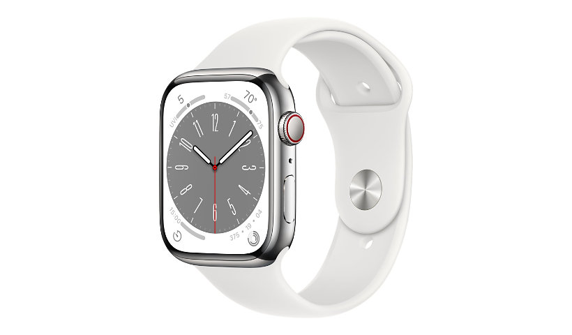 Apple Watch Series 8 (GPS + Cellular) - 45mm Silver Stainless Steel with M/L White Sport Band - 32 GB