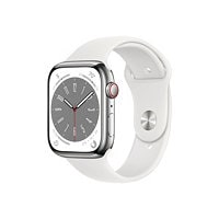 Apple Watch Series 8 (GPS + Cellular) - 45mm Silver Stainless Steel with M/L White Sport Band - 32 GB