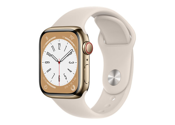 Apple Watch Series 8 (GPS + Cellular) - 41mm Gold Stainless Steel Case with  S/M Starlight Sport Band - 32 GB