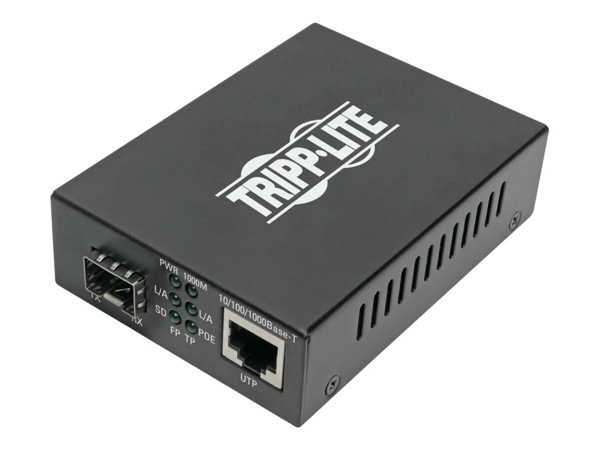 Tripp Lite Gigabit SFP Fiber to Ethernet Media Converter, POE+, International Power Cables, 10/100/1000 Mbps - fiber