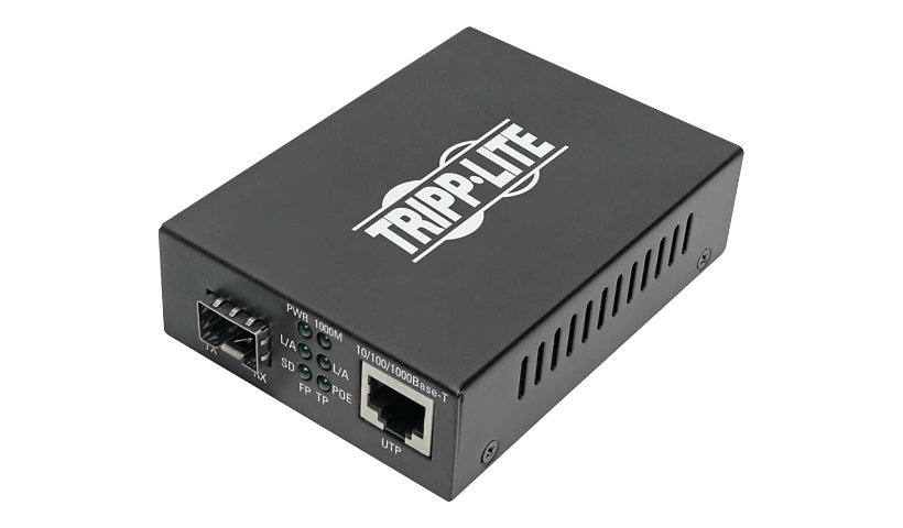 Tripp Lite Gigabit SFP Fiber to Ethernet Media Converter, POE+, International Power Cables, 10/100/1000 Mbps - fiber