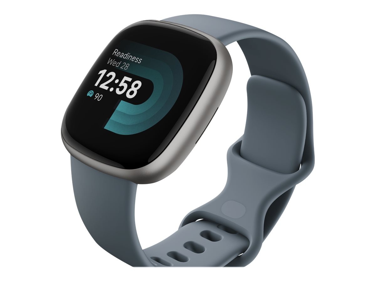 Fitbit Versa 4 Smartwatch - Platinum Aluminum Case w Waterfall Blue Band