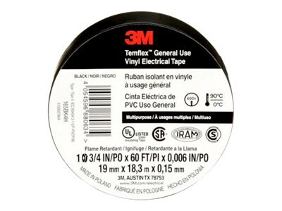 3M Temflex 165 electrical insulation tape - 0.75 in x 59 ft - black