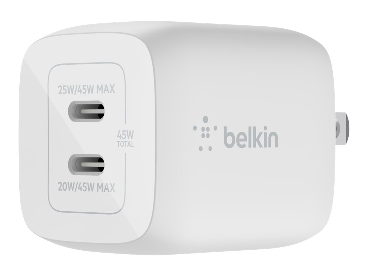 Belkin 45W Portable Dual-Port GaN Wall Charger - 2xUSB-C (25W + 20W) - Power Adapter - White