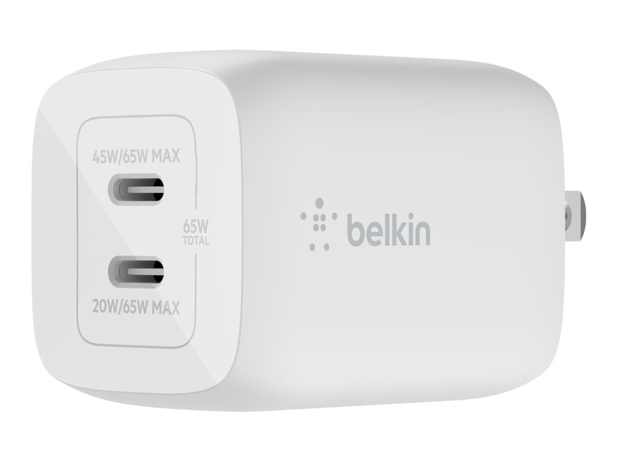 Belkin 65W Portable Dual-Port GaN Wall Charger - 2xUSB-C (45W + 20W) - Power Adapter - White