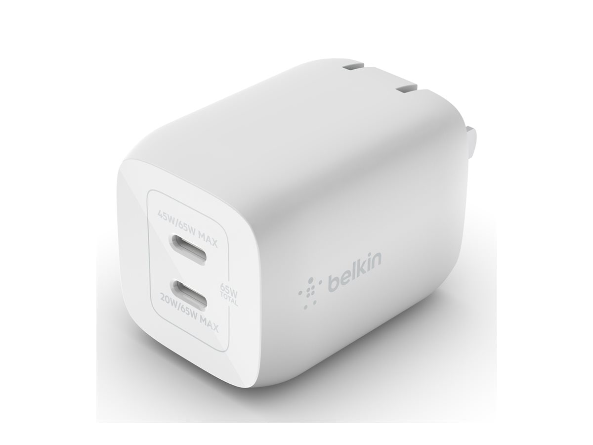 Thumbnail 2 of 13 for Belkin 65W Portable Dual-Port GaN Wall Charger - 2xUSB-C (45W + 20W) - Power Adapter - White