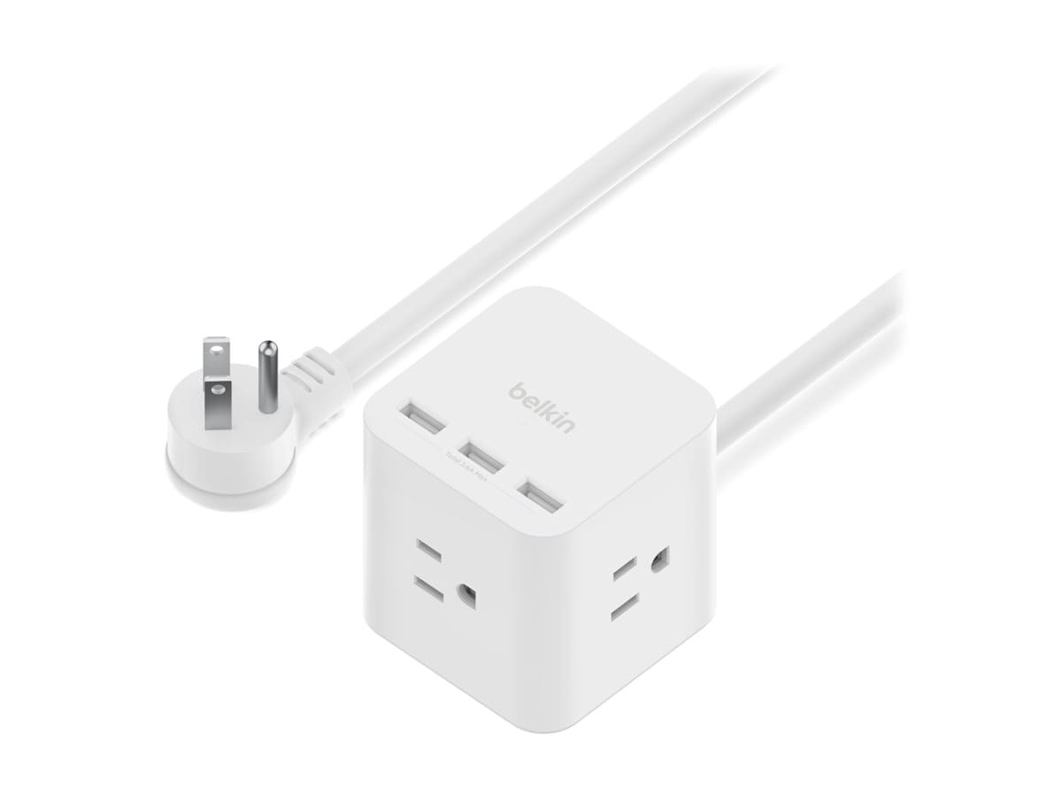 Belkin 3-Outlet Power Cube - 5ft Cord - Flat Plug - 3xUSB-A - White