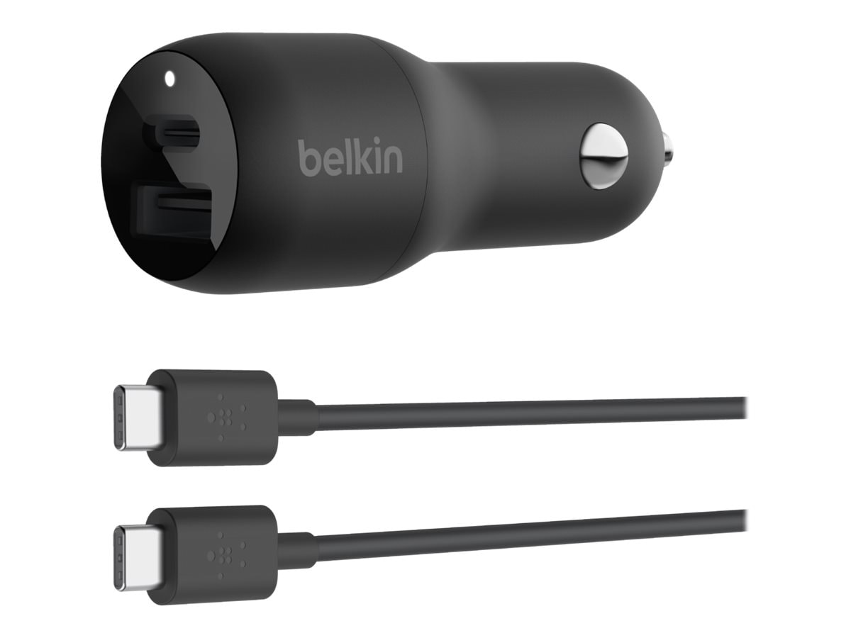Belkin 37W Dual-Port USB Car Charger - 1xUSB-C (25W) 1xUSB-A (12W) - with USB-C to USB-C Cable - Power Adapter - Black
