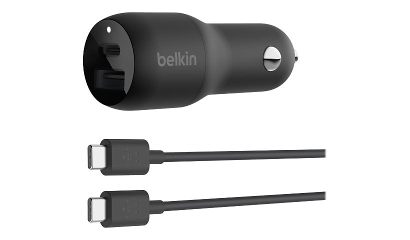 Belkin 37W Dual-Port USB Car Charger - 1xUSB-C (25W) 1xUSB-A (12W) - with USB-C to USB-C Cable - Power Adapter - Black