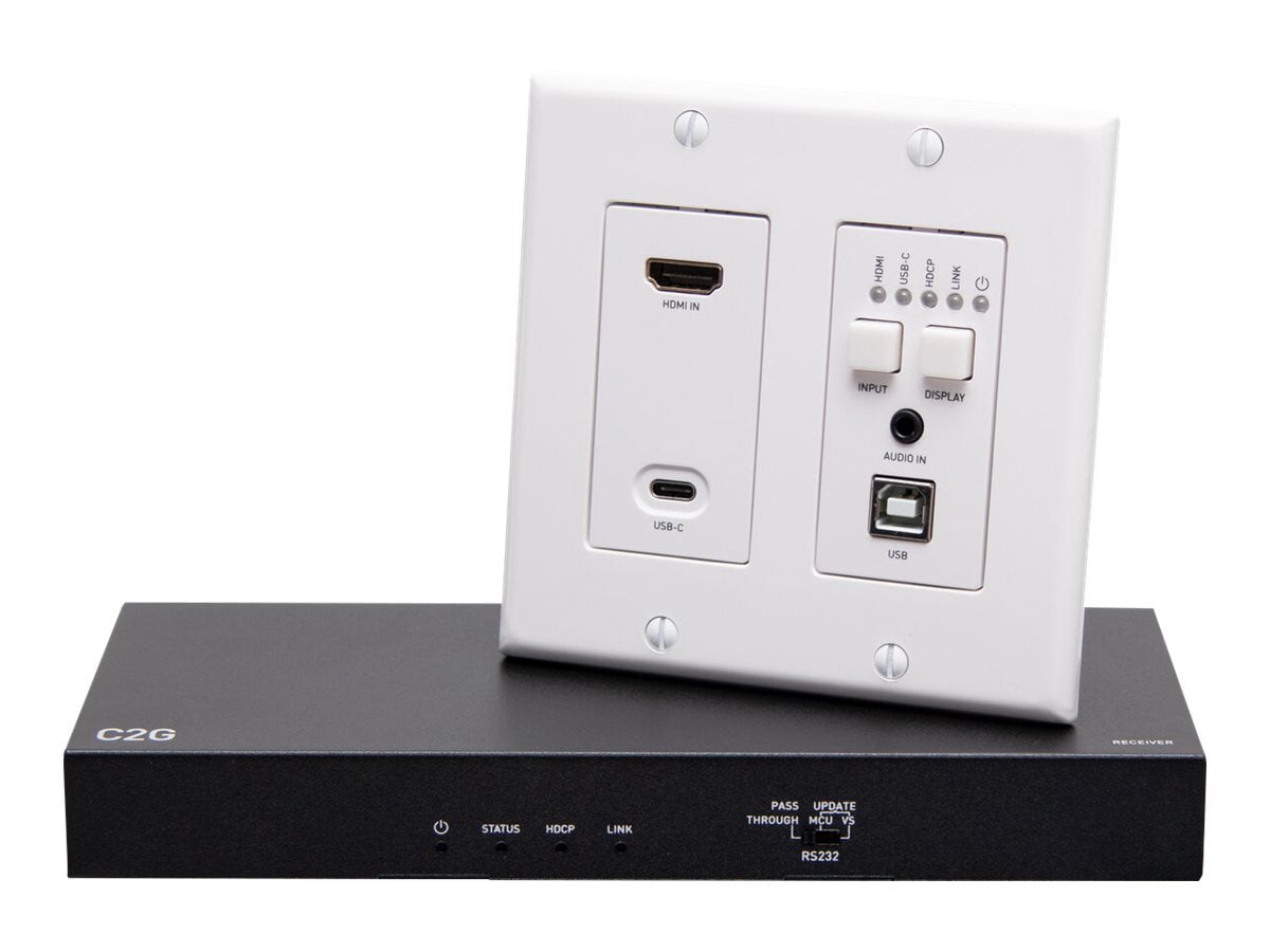 C2G HDMI HDBaseT and USB C, 3.5mm, and USB B to USB over Cat Extender Wall Plate - Transmitter to Box Receiver - 4K 60Hz