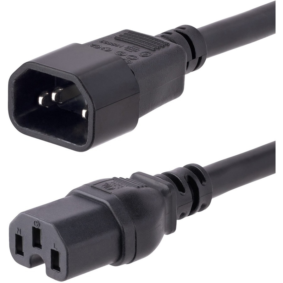 StarTech.com 10ft (3m) Heavy Duty Extension Cord, IEC C14 to IEC C15 Black Extension Cord, 15A 125V, 14AWG, Heavy Gauge