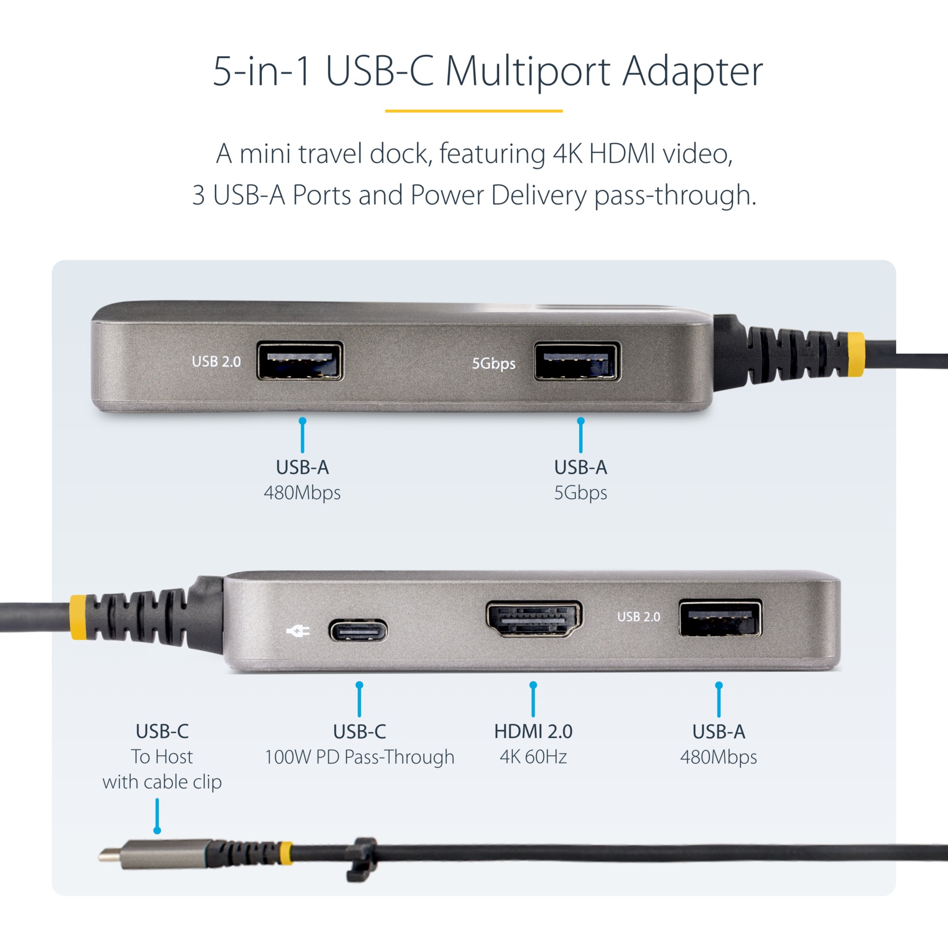 Thumbnail 3 of 8 for StarTech.com USB-C Multiport Adapter, 4K 60Hz HDMI, 3-Port 5Gbps USB 3.0 Hub, 100W PD Pass-Through, USB Type-C Mini Dock