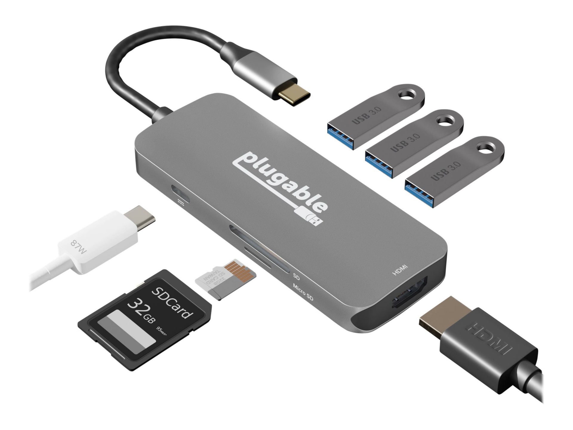 Plugable 7-in-1 USB C Hub Multiport Adapter, 87W Charging