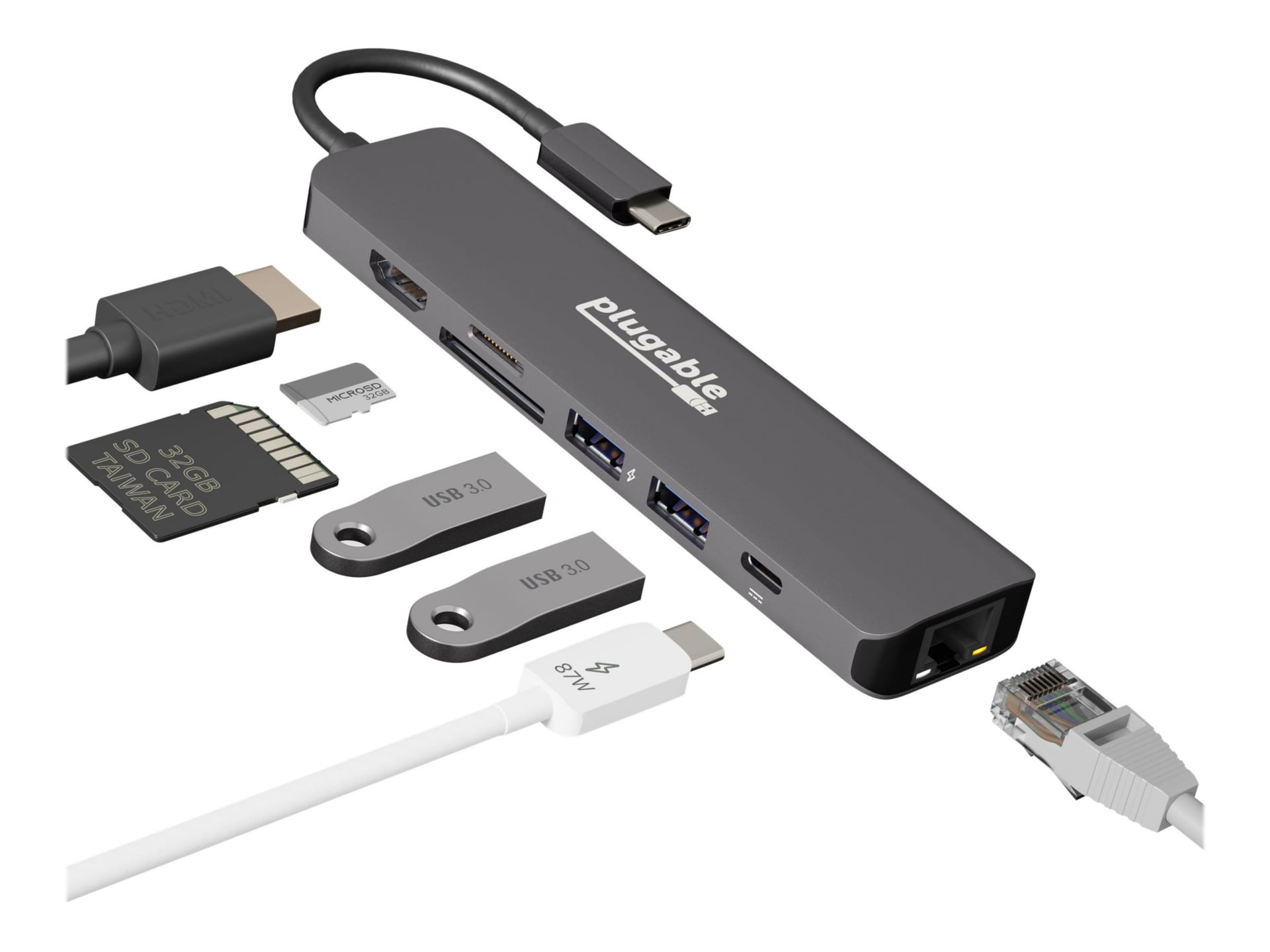 Plugable 7-in-1 USB C Hub Multiport Adapter with Ethernet - 100W Charging