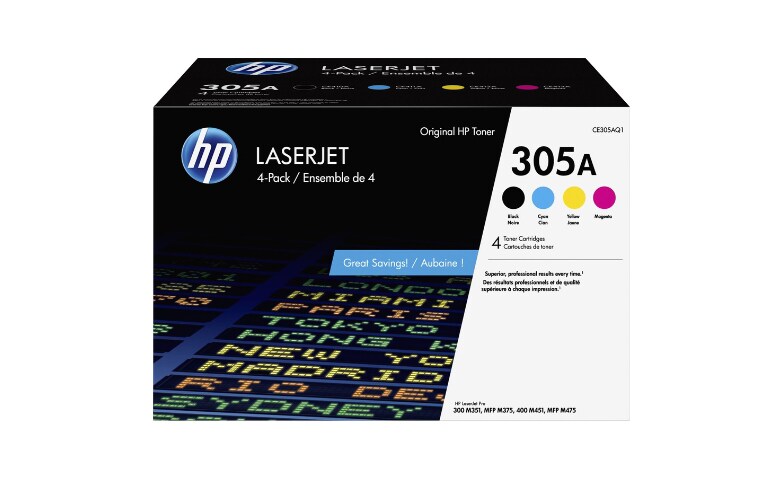 HP 305A (CE305AQ1) Original Laser Toner Cartridge - Combo Pack - Black, Cyan, Magenta, Yellow - 4 / Carton - 1520 Pages Black, 1800 Pages Cyan, 1800 Pages Magenta, 1800 Pages Yellow
