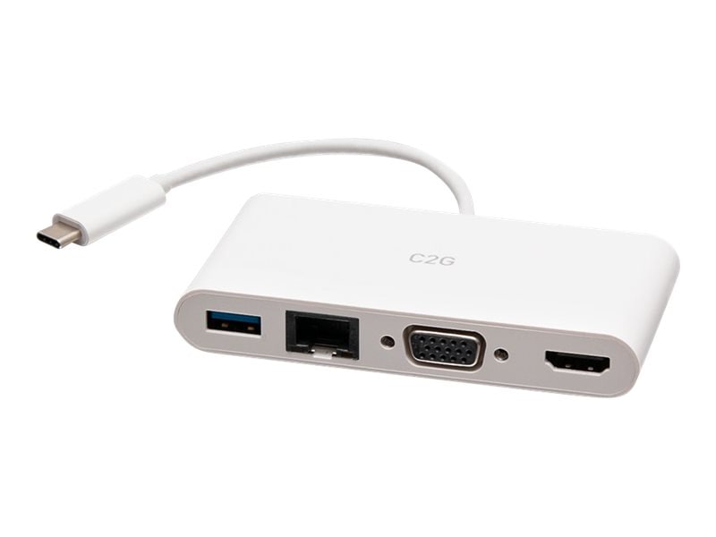C2G USB C to HDMI, VGA, USB A & RJ45 Adapter - 4K 30Hz - White - docking station - USB-C / Thunderbolt 3 - VGA, HDMI -