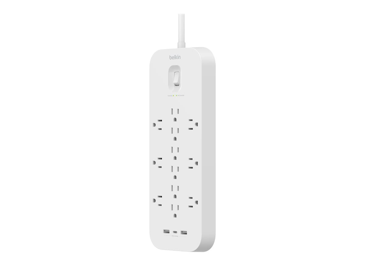 Belkin 12-Outlet Surge Protector - 6ft Cord - Right Angle Plug - 3480J - 1xUSB-C, 2xUSB-A - On-Off Switch - White