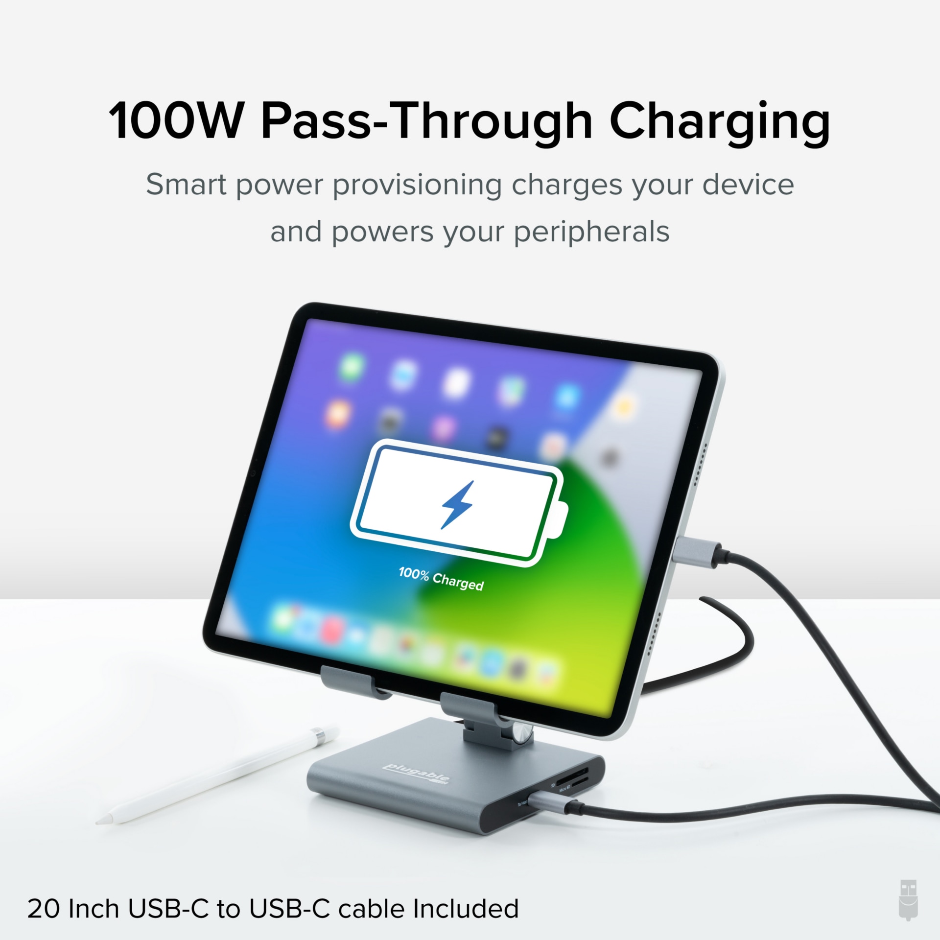 Thumbnail 4 of 10 for Plugable USB C Docking Station for iPad with Stand | 100W Pass-through Charging | USB-C Hub