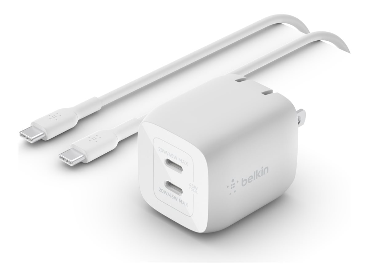 Belkin 45W Portable Dual-Port GaN Wall Charger - 2xUSB-C (25W + 20W) - with Lightning Cable - Power Adapter - White