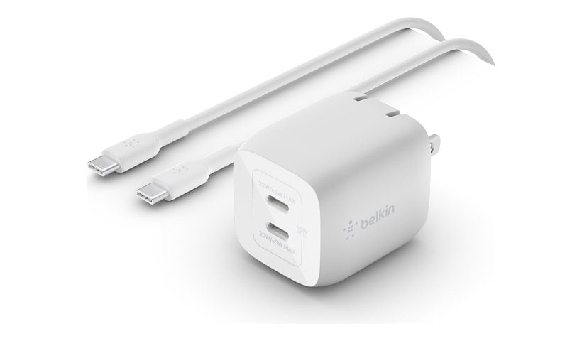 Belkin 45W Portable Dual-Port GaN Wall Charger - 2xUSB-C (25W + 20W) - with Lightning Cable - Power Adapter - White