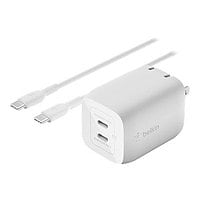 Belkin 65W Portable Dual-Port GaN Wall Charger - 2xUSB-C (45W + 20W) - with USB-C to USB-C Cable - Power Adapter - White