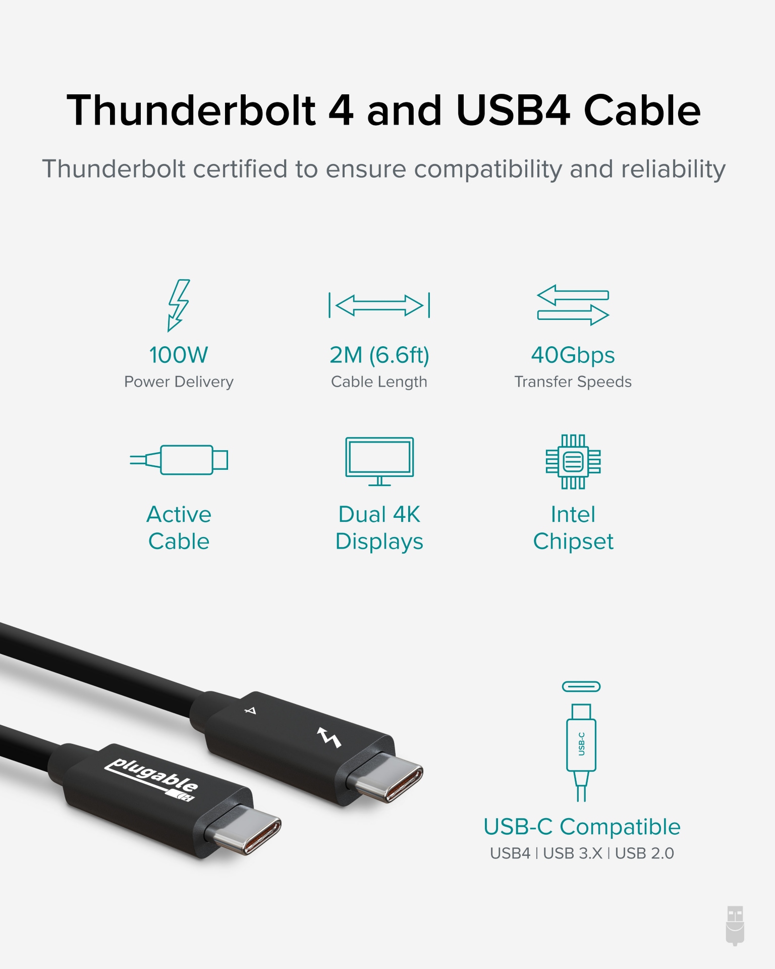Thumbnail 2 of 7 for Plugable 6.6ft Thunderbolt 4 Cable[Thunderbolt Certified], Driverless
