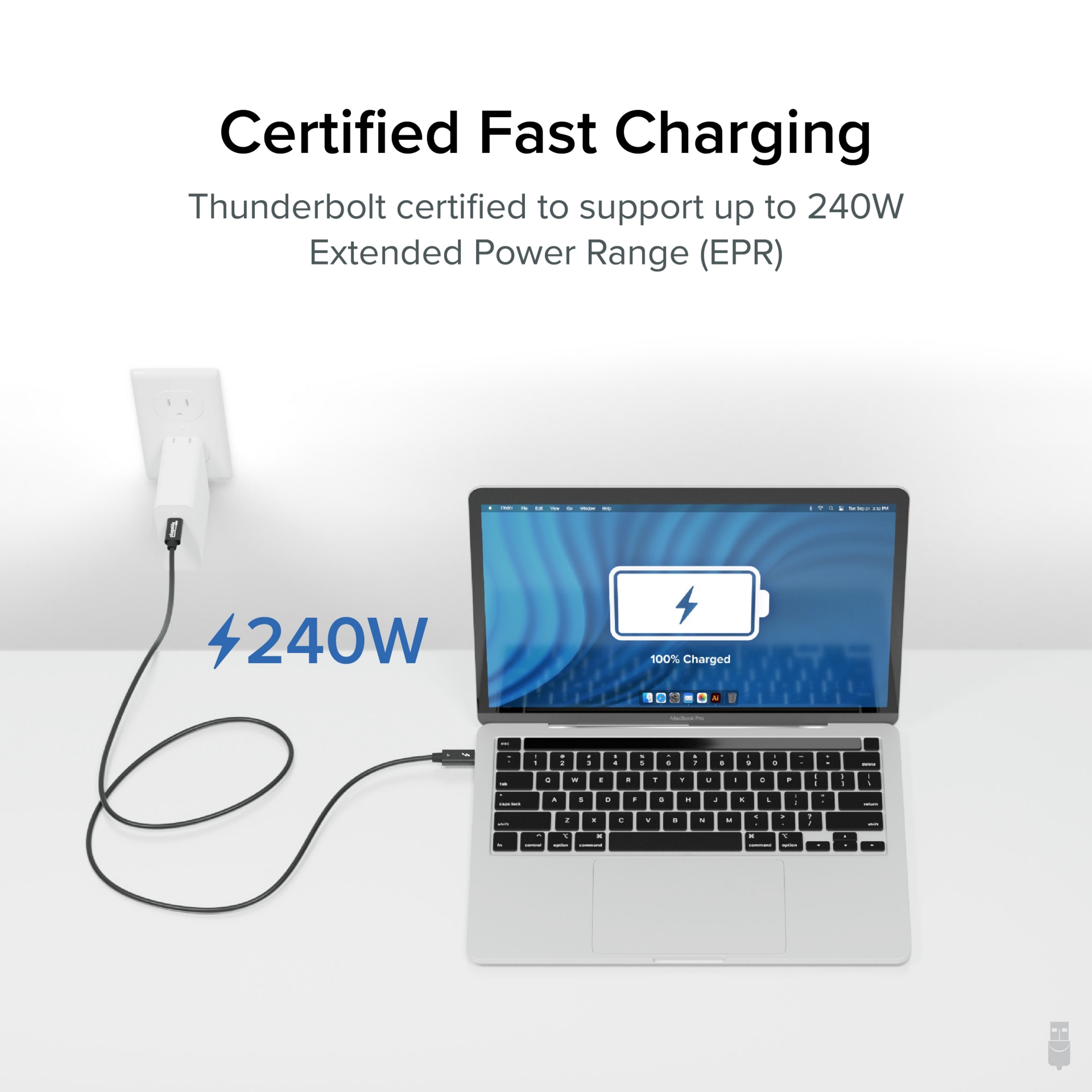 Thumbnail 2 of 8 for Plugable Thunderbolt 4 Cable w/ 240W Charging,3.3 Feet (1M),1x 8K Display,40 Gbps,USB4,Thunderbolt 3,USB–C,Driverless
