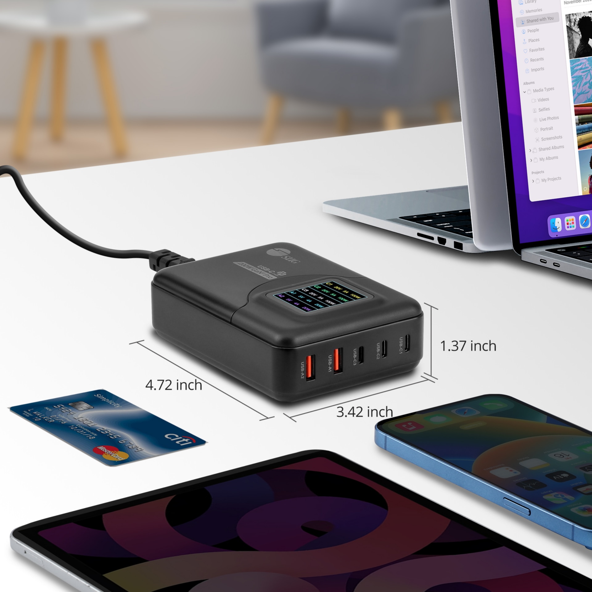 SIIG 200W GaN PD Charger with Charging Display, 3C2A, USB-C Power Adapter, USB C Charger with LCD Display power adapter