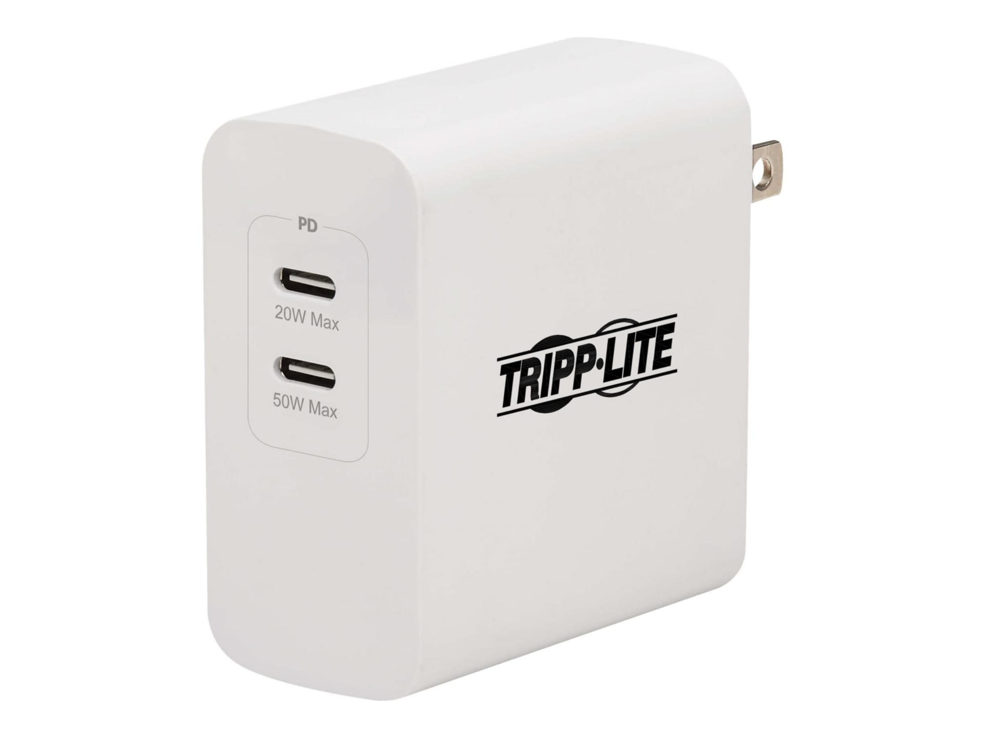 Chargeur mural compact USB-C à deux ports Tripp Lite – Technologie GaN, recharge PD de 70 W (50 W+20 W ou 65 W max), alimentation blanche