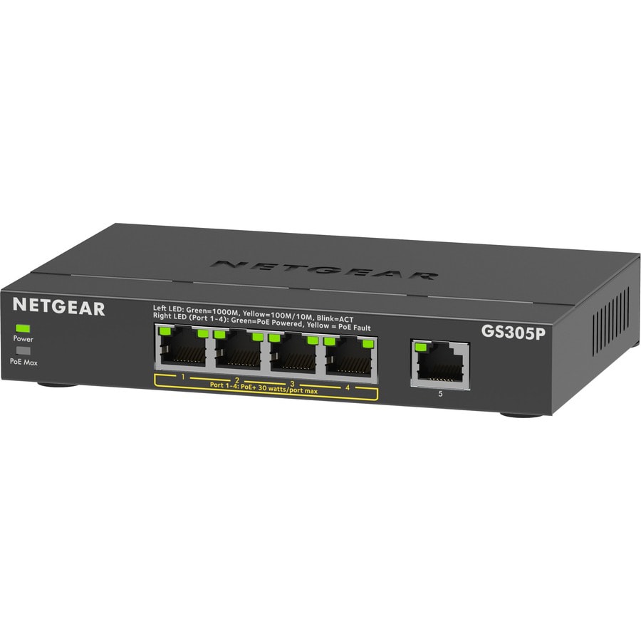 Netgear GS305P Ethernet Switch - 5 Ports - Gigabit Ethernet - 2 Layer  Supported - 66.78 W Power Consumption - 63 W PoE Budget - PoE Ports -  Desktop, Wall Mountable - 3 Year Limited Warranty 