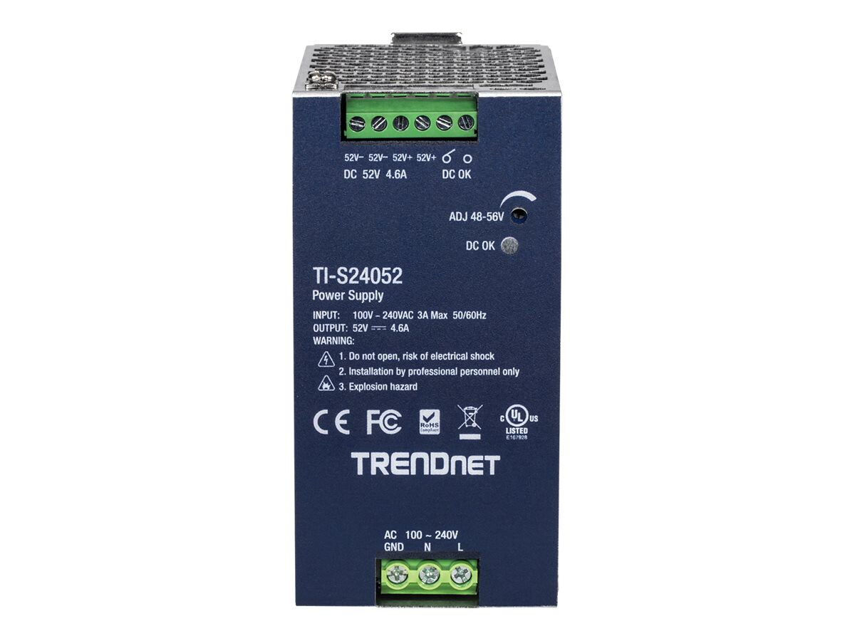 TRENDnet 240W 52V DC, 4.61A AC to DC DIN-Rail Industrial Power Supply, Built-In Power Factor Controller Function,