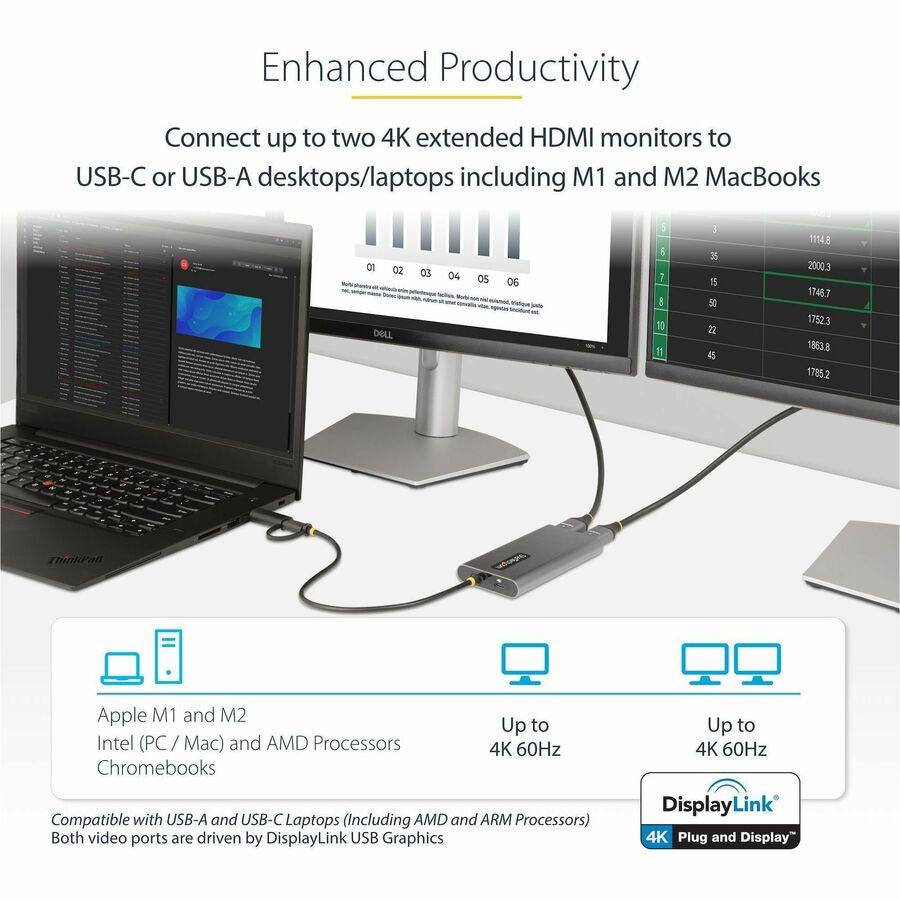 Thumbnail 3 of 8 for StarTech.com USB-C to Dual-HDMI Adapter, USB-C/A to 2x HDMI, 4K 60Hz, 100W PD Passthrough, 1ft/30cm Cable, USB, TAA