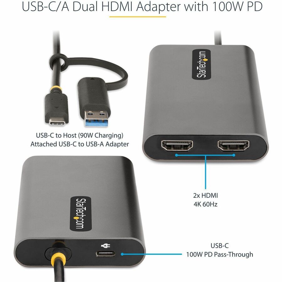 Thumbnail 4 of 8 for StarTech.com USB-C to Dual-HDMI Adapter, USB-C/A to 2x HDMI, 4K 60Hz, 100W PD Passthrough, 1ft/30cm Cable, USB, TAA