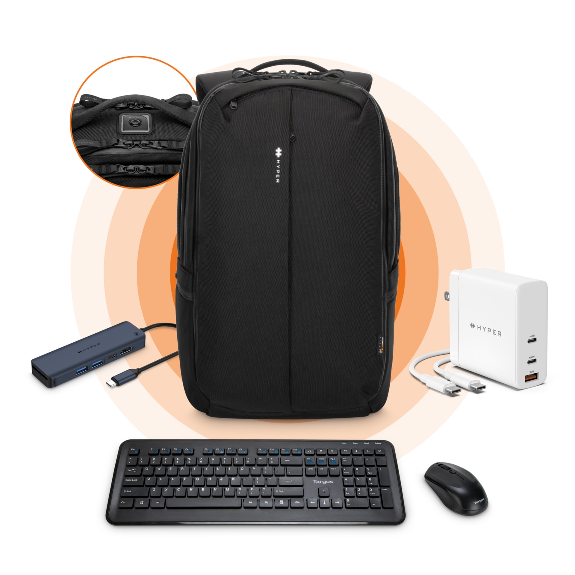 Hyper HyperPack Pro with Find My Tech, 140W GaN Charger, 6-Port USB-C Hub + Targus Wireless Keyboard and Mouse
