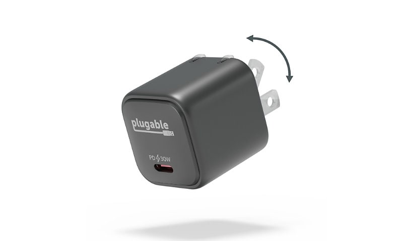 Plugable GaN USB C Charger Block, 30W Portable Charger Fast Charger with Foldable Prongs - Black