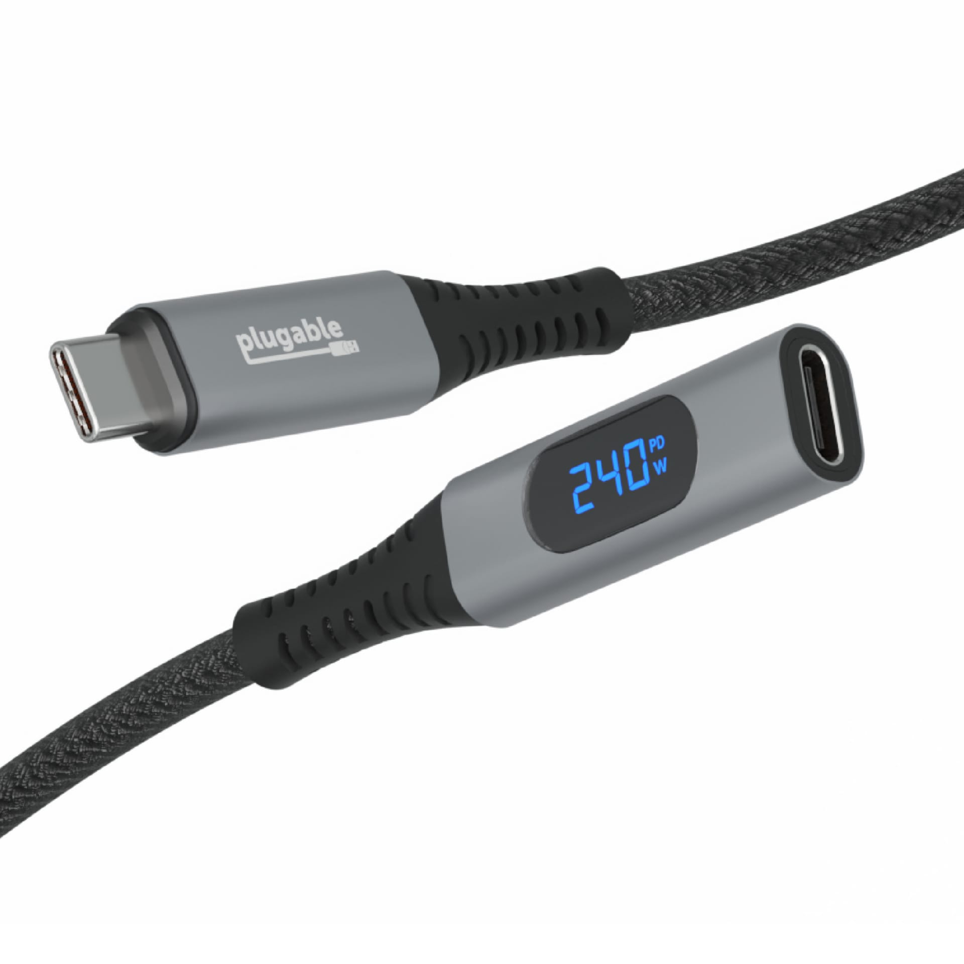 Plugable USB C Extension Cable 3.3', Power Meter Tester, Fast Charging up to 240W, 4K 60Hz Display, 10Gbps Data