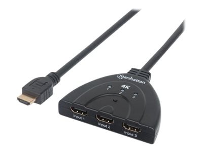 Manhattan HDMI Switch 3-Port, 4K@60Hz, Connects x3 HDMI sources to x1 display, Manual Switching (via button), Integrated