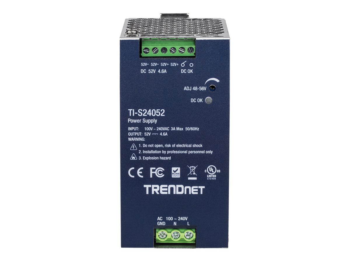 TRENDnet 240W, 52V DC, 4.61A AC to DC DIN-Rail Power Supply, TI-S24052, Industrial Power Supply with Built-In Power
