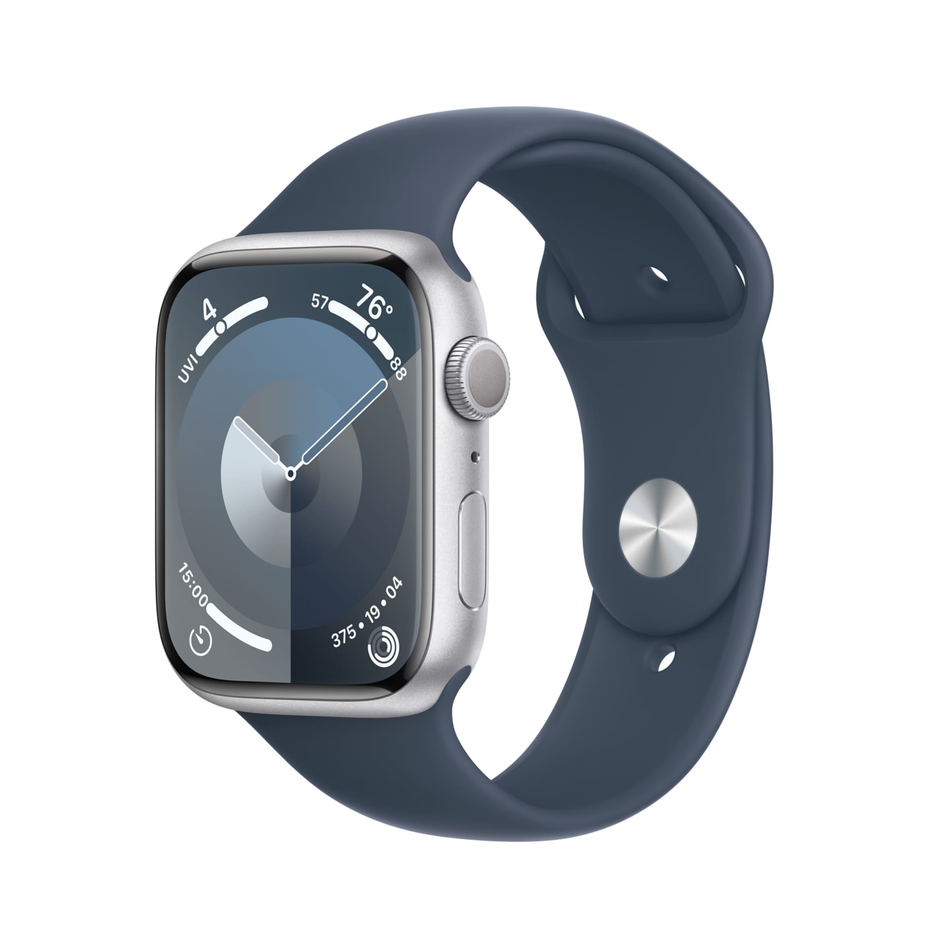 Apple Watch Series 9 (GPS) - 45mm Silver Aluminum Case with S/M Storm Blue Sport Band - 64 GB