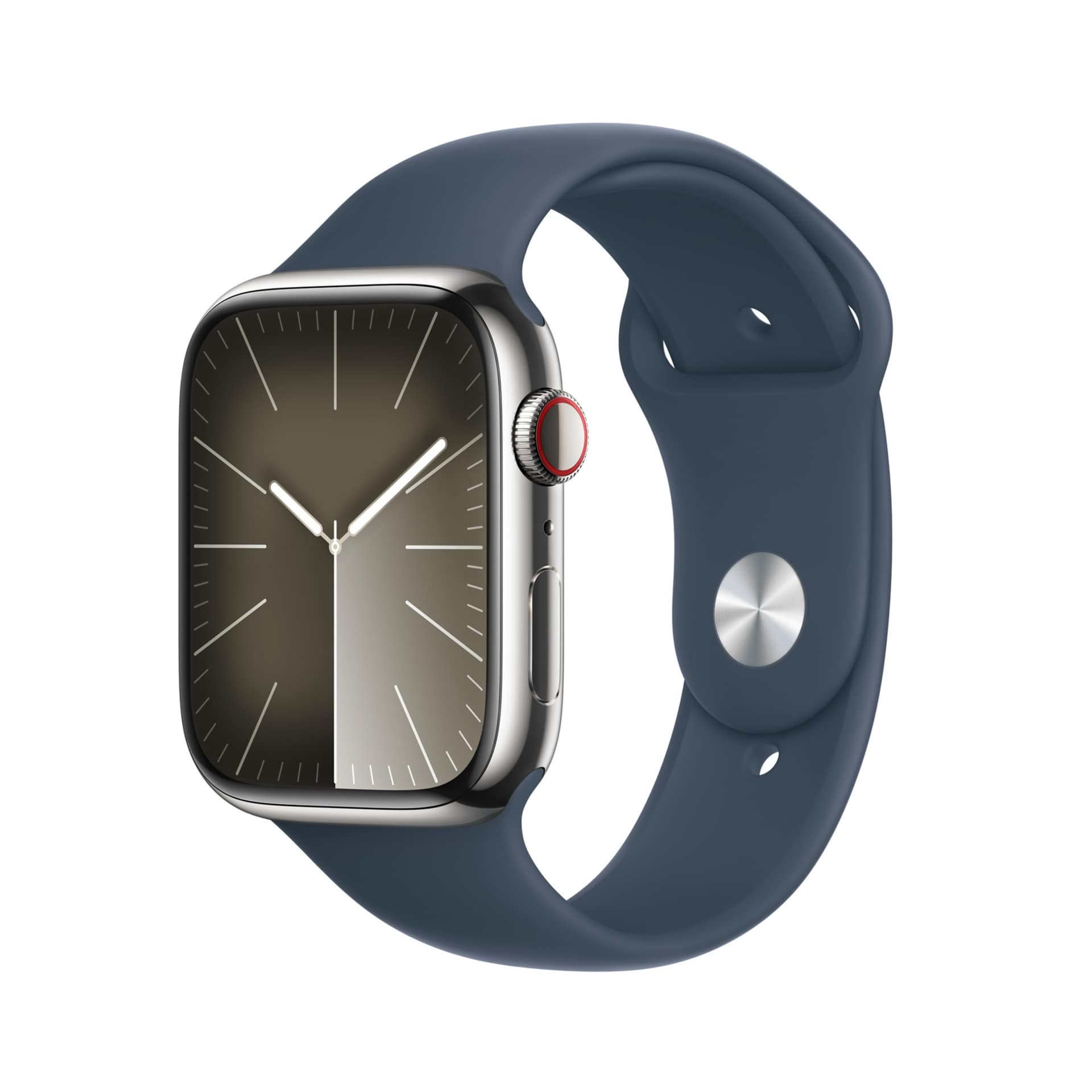 Apple Watch Series 9 (GPS + Cellular) - 45mm Silver Stainless Steel Case with M/L Storm Blue Sport Band - 64 GB