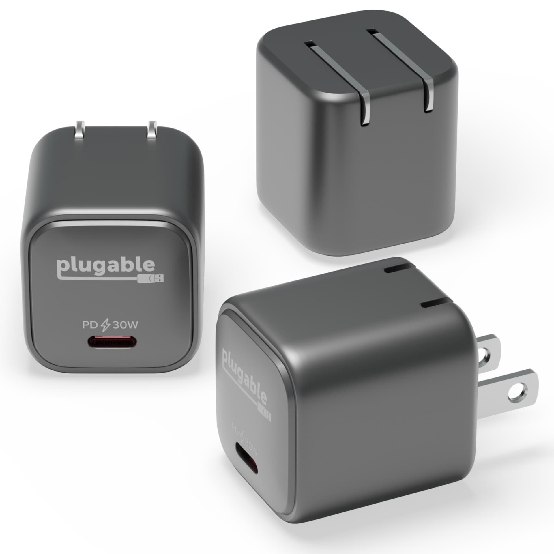 Plugable GaN USB C Charger Block, 30W Portable Fast Charger Black 3 Pack