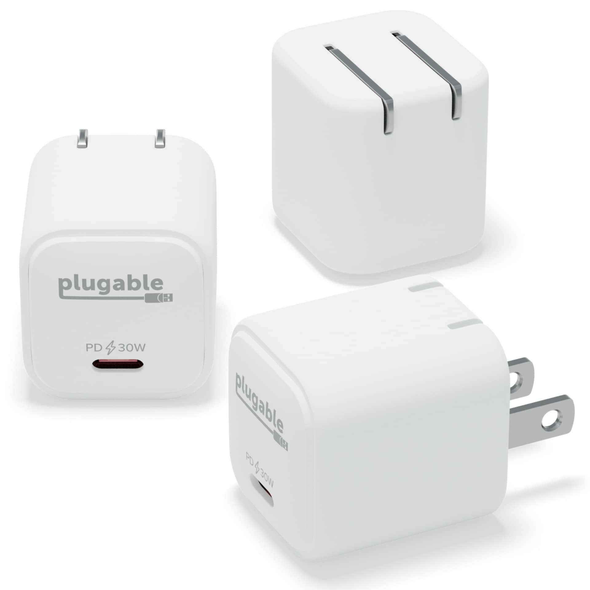 Plugable GaN USB C Charger Block, 30W Portable Fast Charger White 3 Pack