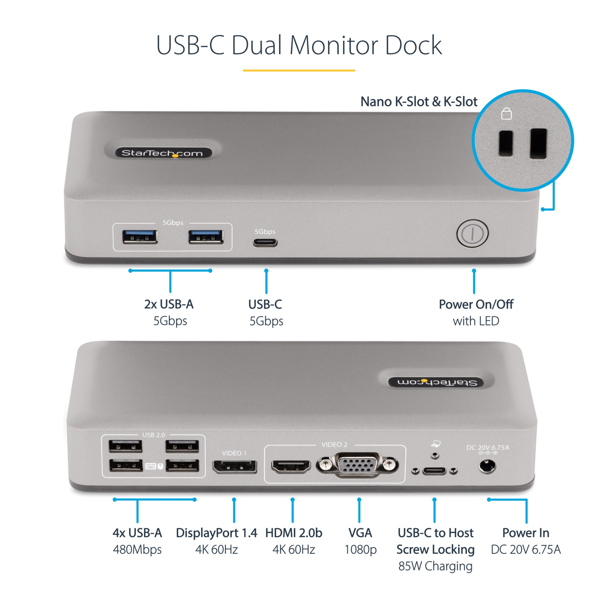 Thumbnail 4 of 12 for StarTech.com USB-C Dual Monitor Docking Station, USBC to HDMI 4K60Hz, USB C to DP HDMI Hub, 7 Port USB Adapter, 85W, TAA