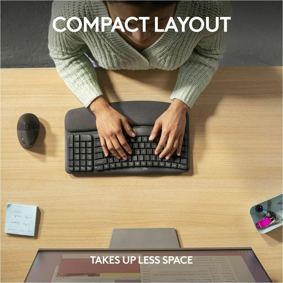 Thumbnail 3 of 10 for Logitech Wave Keys for Business, Wireless Ergonomic Keyboard with Cushioned Palm Rest, Logi Bolt, Graphite