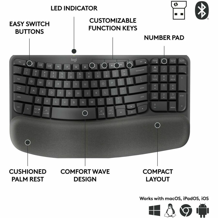Thumbnail 4 of 10 for Logitech Wave Keys for Business, Wireless Ergonomic Keyboard with Cushioned Palm Rest, Logi Bolt, Graphite