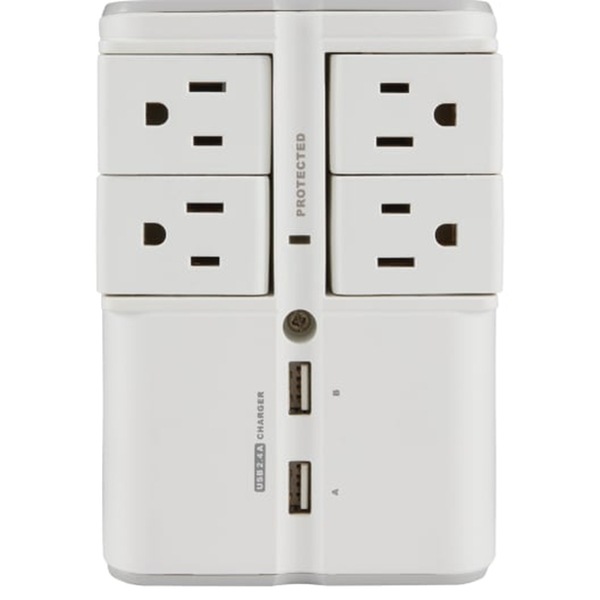 Sanus On-Wall Surge Protector -  4 Rotating Outlet Power Strip with USB ports - White