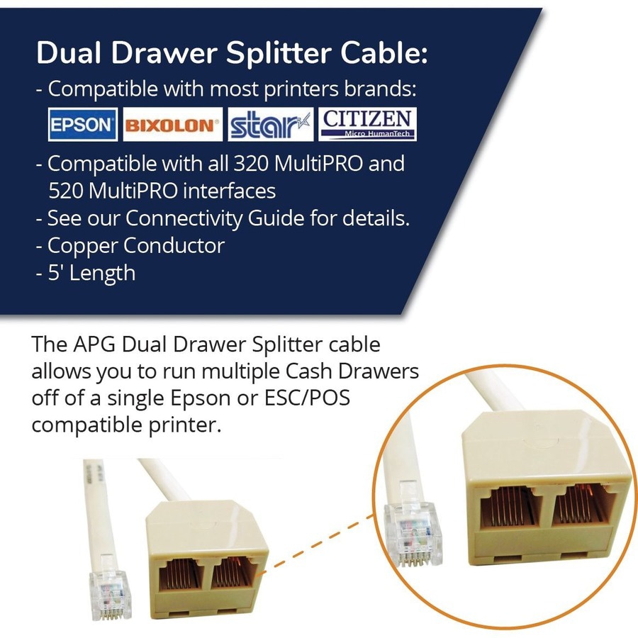 Thumbnail 3 of 4 for apg Printer Interface Cable | CD-D1D2EP Dual Drawer Splitter Cable | RJ-12 Male Splitter Cable for Epson Printers