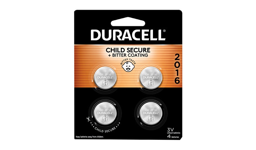 Duracell CR2016 3V Lithium-Ion Coin Battery with Bitter Coating - Pack of 4