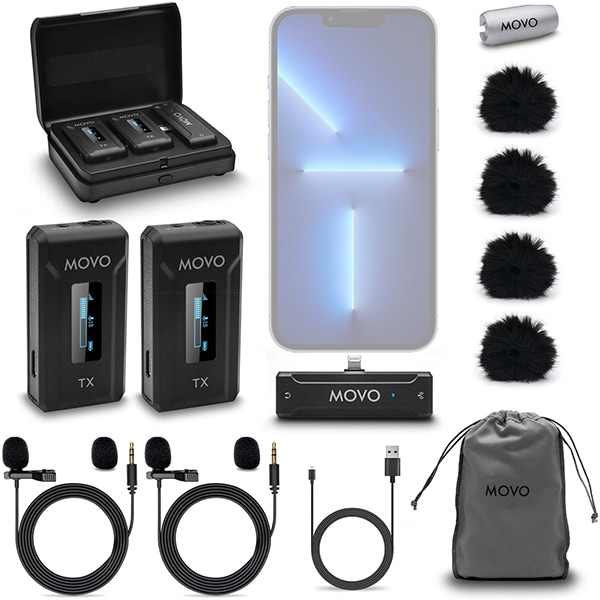 Movo Dual Wireless Lavalier System Microphone with Charging Case for iPhone